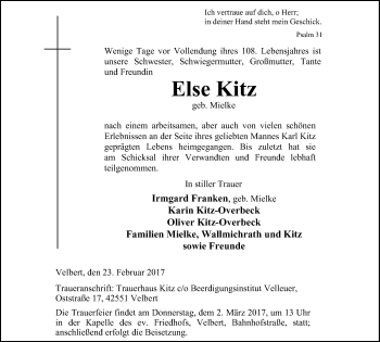 Traueranzeige von Else Kitz von Stadtanzeiger Velbert + Heiligenhaus