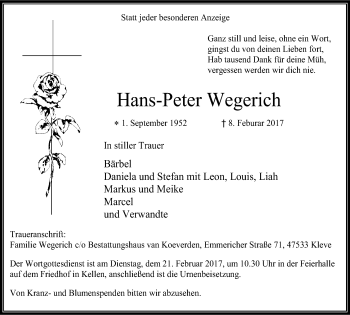 Traueranzeige von Hans-Peter Wegerich von Klever Wochenblatt
