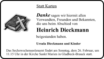 Traueranzeige von Heinrich Dieckmann von Stadtspiegel Gladbeck
