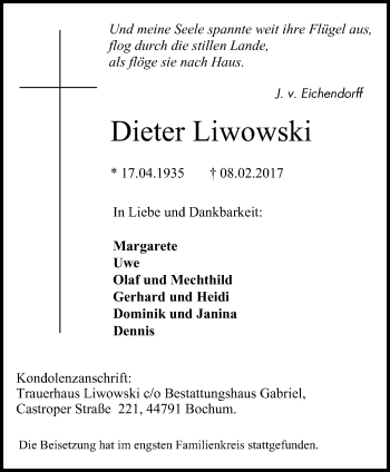 Traueranzeige von Dieter Liwowski von Stadtspiegel Bochum