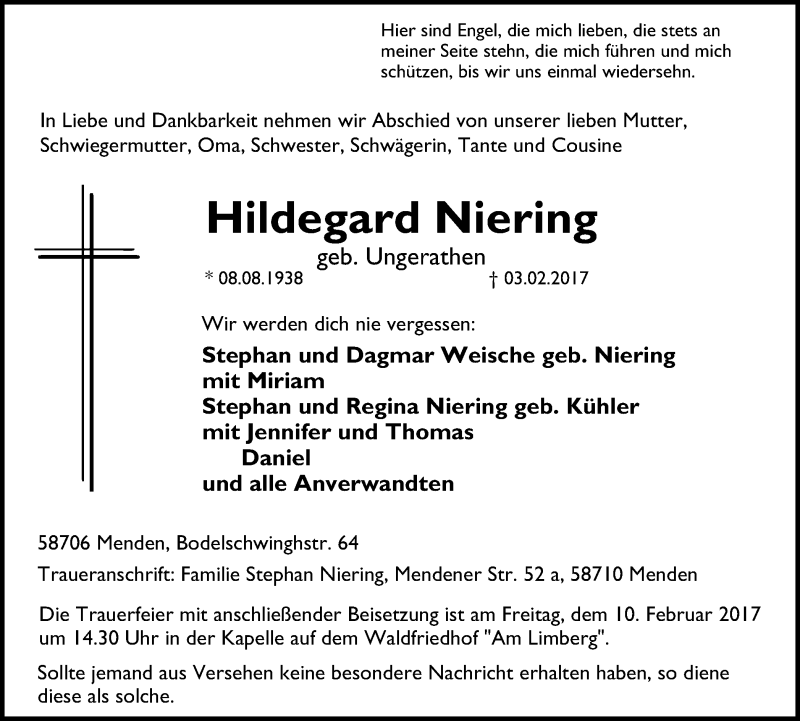  Traueranzeige für Hildegard Niering vom 08.02.2017 aus Stadtspiegel Menden + Froendenberg