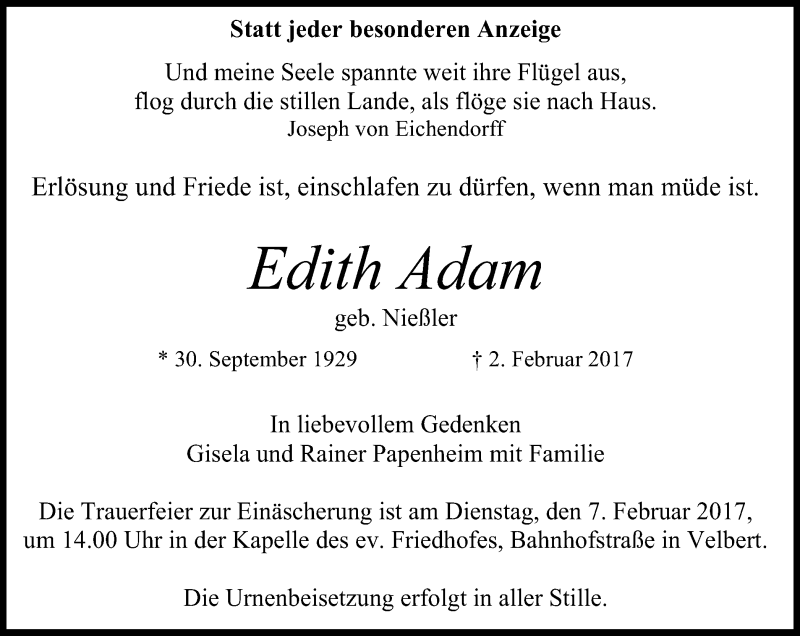  Traueranzeige für Edith Adam vom 04.02.2017 aus Stadtanzeiger Velbert + Heiligenhaus