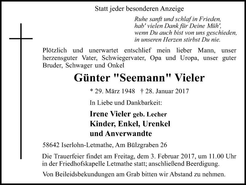  Traueranzeige für Günter Seemann Vieler vom 01.02.2017 aus Stadtspiegel Iserlohn + Hemer