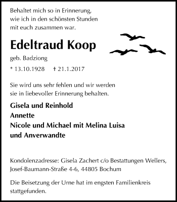 Traueranzeige von Edeltraud Koop von Stadtspiegel Bochum