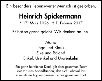 Traueranzeige von Heinrich Spickermann von Wochen-Anzeiger Oberhausen