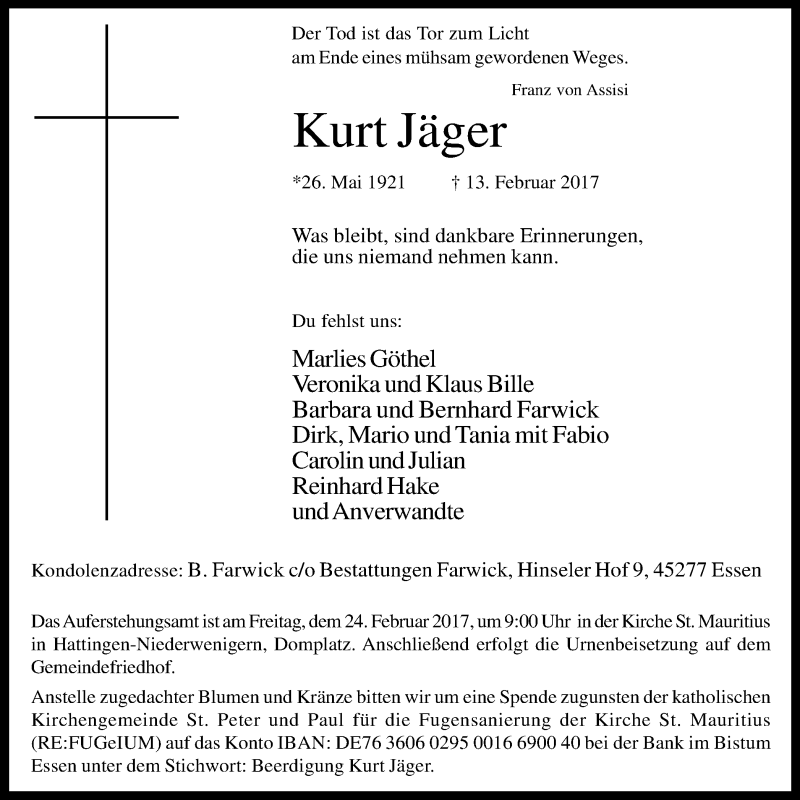  Traueranzeige für Kurt Jäger vom 18.02.2017 aus Stadtspiegel Hattingen/Niedersprockhövel