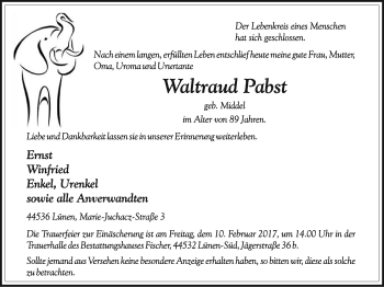 Traueranzeige von Waltraud Pabst von Lüner Anzeiger