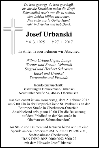 Traueranzeige von Josef Urbanski von Wochen-Anzeiger Oberhausen