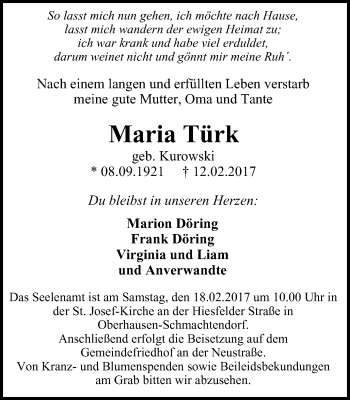 Traueranzeige von Maria Türk von Wochen-Anzeiger Oberhausen