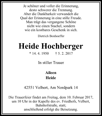Traueranzeige von Heide Hochberger von Stadtanzeiger Velbert + Heiligenhaus