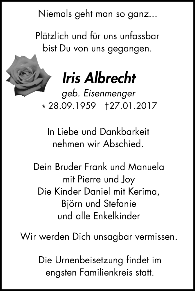  Traueranzeige für Iris Albrecht vom 01.02.2017 aus Wochenblatt Herne/Wanne-Eickel