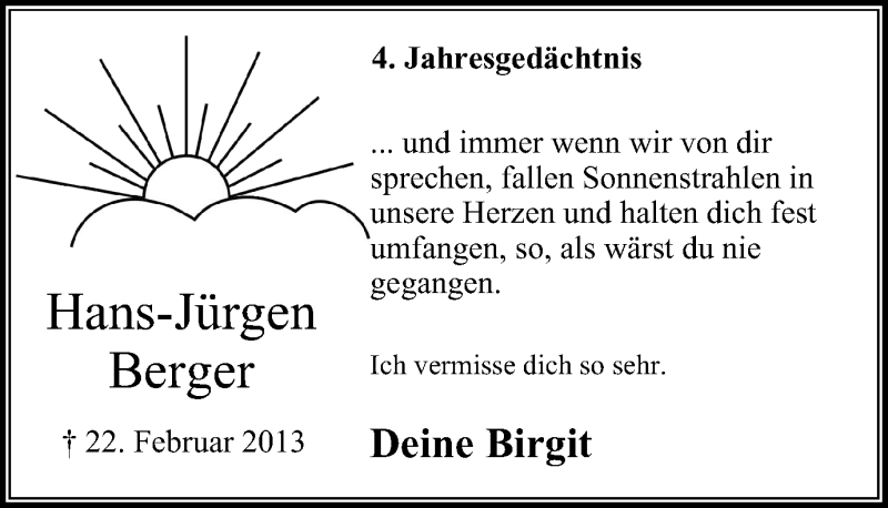  Traueranzeige für Hans-Jürgen Berger vom 22.02.2017 aus Stadtanzeiger Velbert + Heiligenhaus