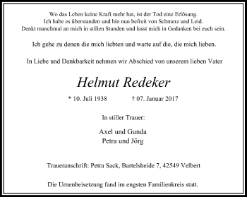 Traueranzeige von Helmut Redeker von Stadtanzeiger Velbert + Heiligenhaus