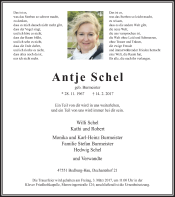 Traueranzeige von Antje Schel von Klever Wochenblatt