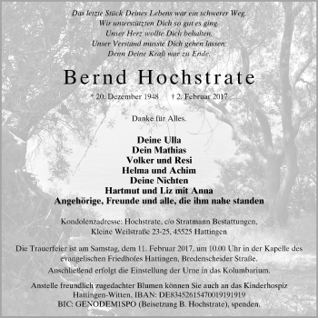 Traueranzeige von Bernd Hochstrate von Stadtspiegel Hattingen/Niedersprockhövel