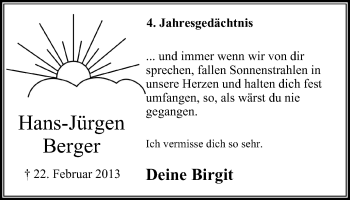 Traueranzeige von Hans-Jürgen Berger von Stadtanzeiger Velbert + Heiligenhaus