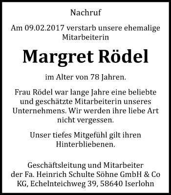 Traueranzeige von Margret Rödel von Stadtspiegel Iserlohn + Hemer