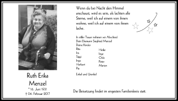 Traueranzeige von Ruth Erika Menzel von Der Weseler + Der Xantener