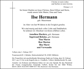 Traueranzeige von Ilse Hermann von Stadtanzeiger Velbert + Heiligenhaus