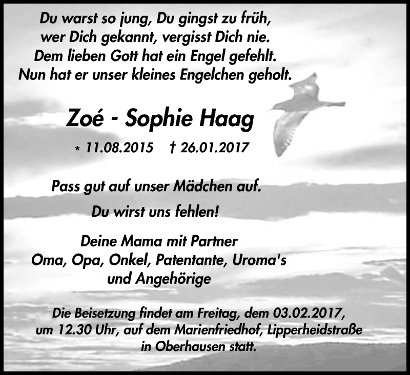  Traueranzeige für Zoe-Sophie Haag vom 01.02.2017 aus Wochen-Anzeiger Oberhausen