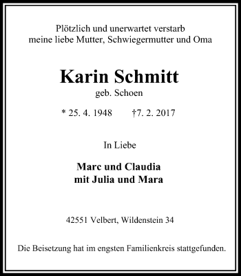 Traueranzeige von Karin Schmitt von Stadtanzeiger Velbert + Heiligenhaus