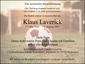Traueranzeige von Klaus Laverick von Lüner Anzeiger