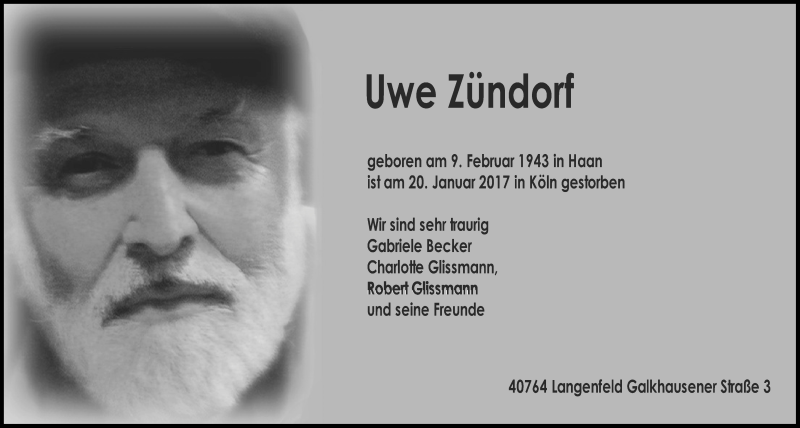  Traueranzeige für Uwe Zündorf vom 01.02.2017 aus Wochen-Anzeiger Langenfeld/Monheim/Hilden