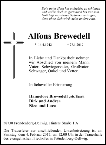 Traueranzeige von Alfons Brewedell von Stadtspiegel Menden + Froendenberg