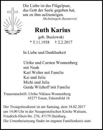 Traueranzeige von Ruth Karius von Wochen-Anzeiger Oberhausen