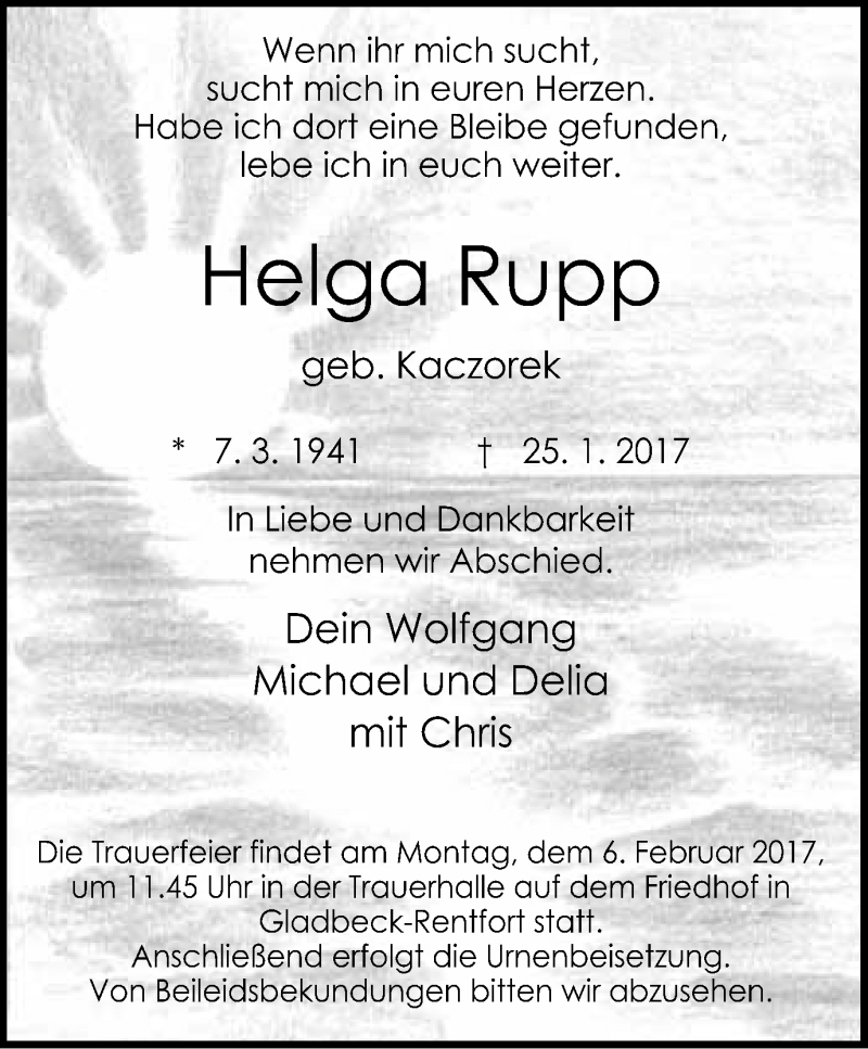  Traueranzeige für Helga Rupp vom 01.02.2017 aus Stadtspiegel Bottrop