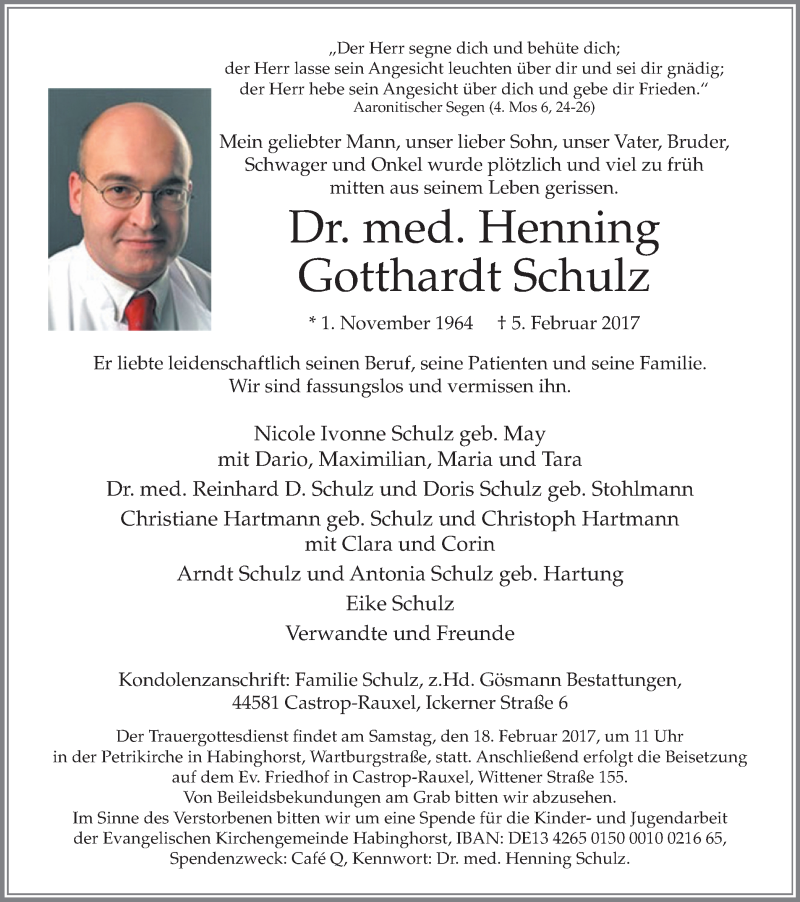  Traueranzeige für Henning  Gotthardt Schulz vom 11.02.2017 aus Stadtanz.Castrop-Rauxel