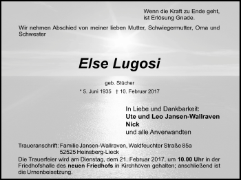 Traueranzeige von Else Lugosi von Stadtanzeiger Velbert + Heiligenhaus