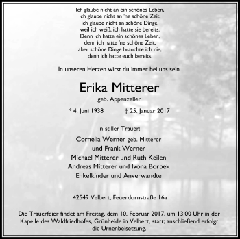 Traueranzeige von Erika Mitterer von Stadtanzeiger Velbert + Heiligenhaus