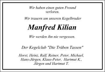 Traueranzeige von Manfred Kilian von Stadtanzeiger Velbert + Heiligenhaus