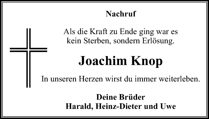  Traueranzeige für Joachim Knop vom 11.02.2017 aus Stadtspiegel Hattingen/Niedersprockhövel