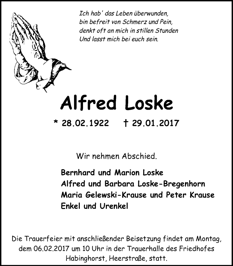  Traueranzeige für Alfred Loske vom 01.02.2017 aus Stadtanz.Castrop-Rauxel