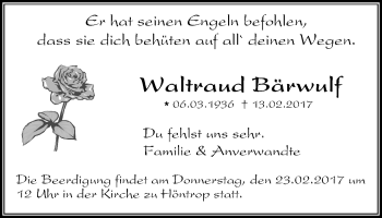 Traueranzeige von Waltraud Bärwulf von Stadtspiegel Wattenscheid