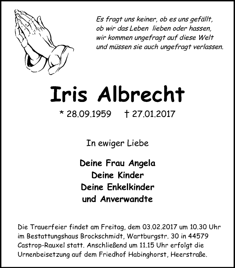  Traueranzeige für Iris Albrecht vom 01.02.2017 aus Stadtanz.Castrop-Rauxel