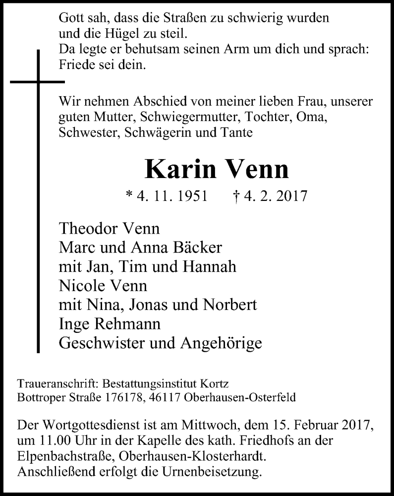 Traueranzeige für Karin Venn vom 11.02.2017 aus Wochen-Anzeiger Oberhausen
