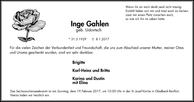  Traueranzeige für Inge Gahlen vom 15.02.2017 aus Stadtspiegel Gladbeck