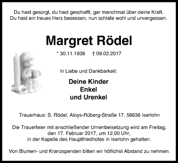 Traueranzeige von Margret Rödel von Stadtspiegel Iserlohn + Hemer