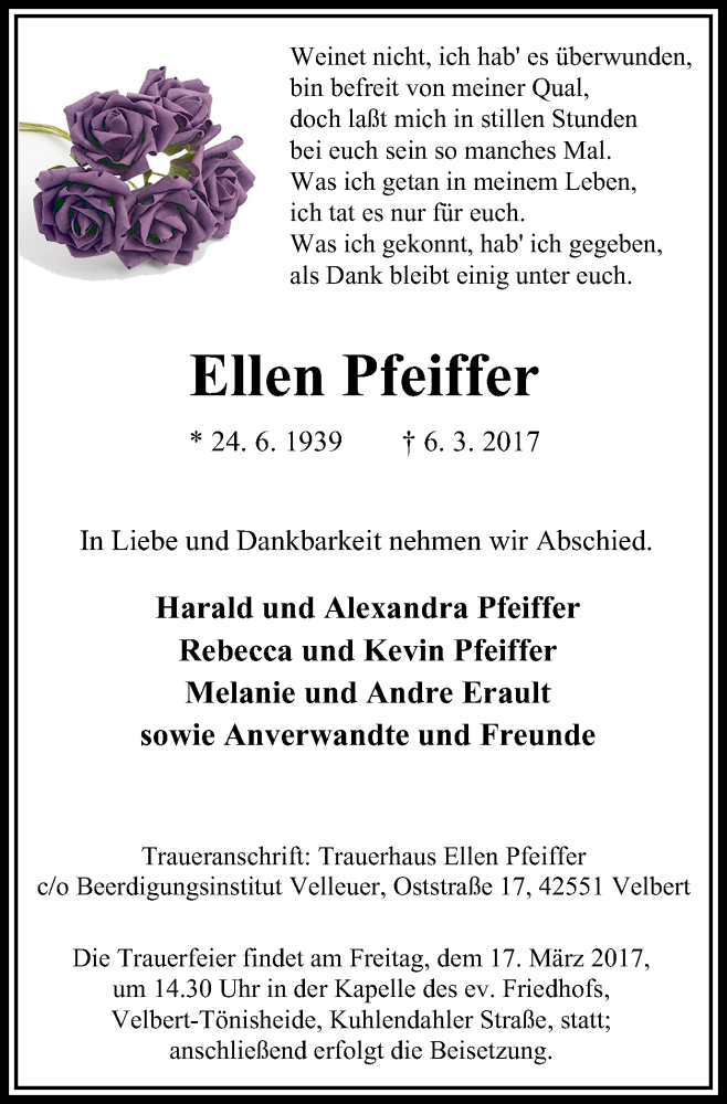  Traueranzeige für Ellen Pfeiffer vom 15.03.2017 aus Stadtanzeiger Velbert + Heiligenhaus