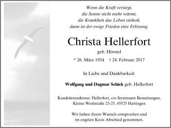 Traueranzeige von Christa Hellerfort von Stadtspiegel Hattingen/Niedersprockhövel