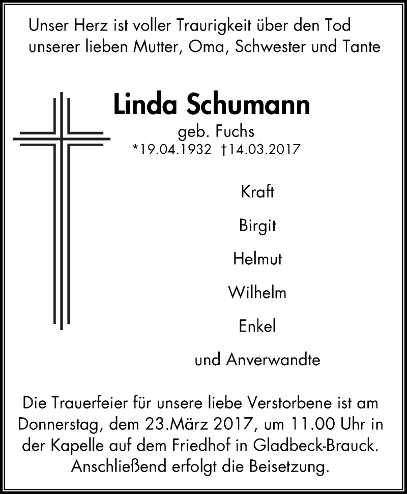  Traueranzeige für Linda Schumann vom 22.03.2017 aus Stadtspiegel Gladbeck