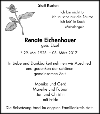 Traueranzeige von Renate Eichenhauer von Witten aktuell