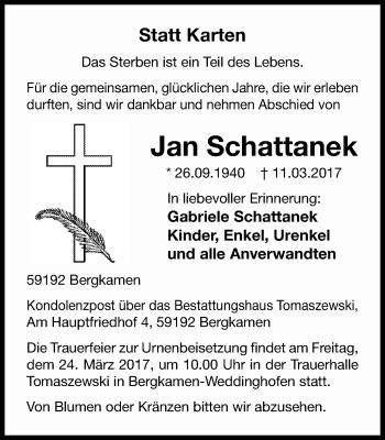 Traueranzeige von Jan Schattanek von Stadtspiegel Kamen + Unna