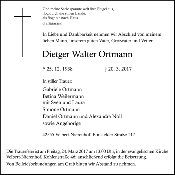 Traueranzeige von Dietger Walter Ortmann von Stadtanzeiger Velbert + Heiligenhaus