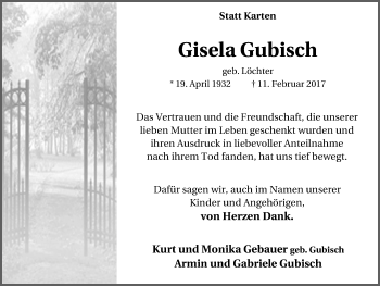 Traueranzeige von Gisela Gubisch von Lüner Anzeiger