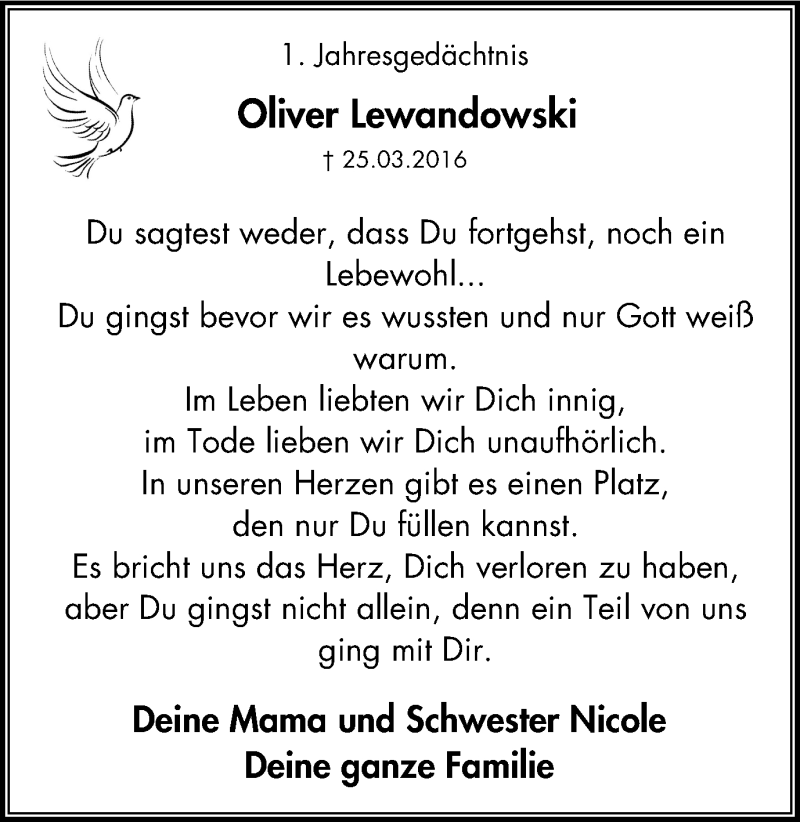  Traueranzeige für Oliver Lewandowski vom 25.03.2017 aus Stadtspiegel Iserlohn + Hemer