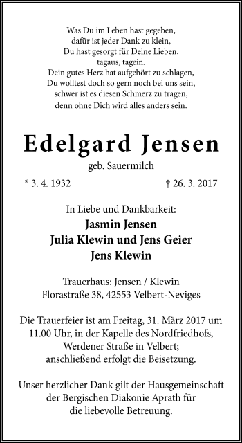 Traueranzeige von Edelgard Jensen von Stadtanzeiger Velbert + Heiligenhaus